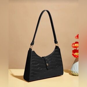 Black Croc-Embossed Shoulder Bag